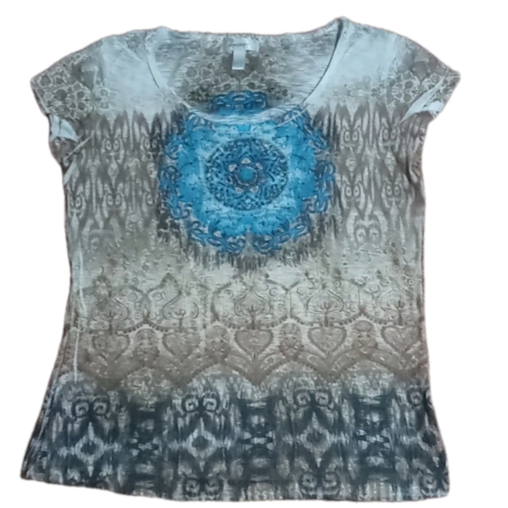 Dressbarn Womens Blue Graphic Fitted Studded Short Sleeve Tee